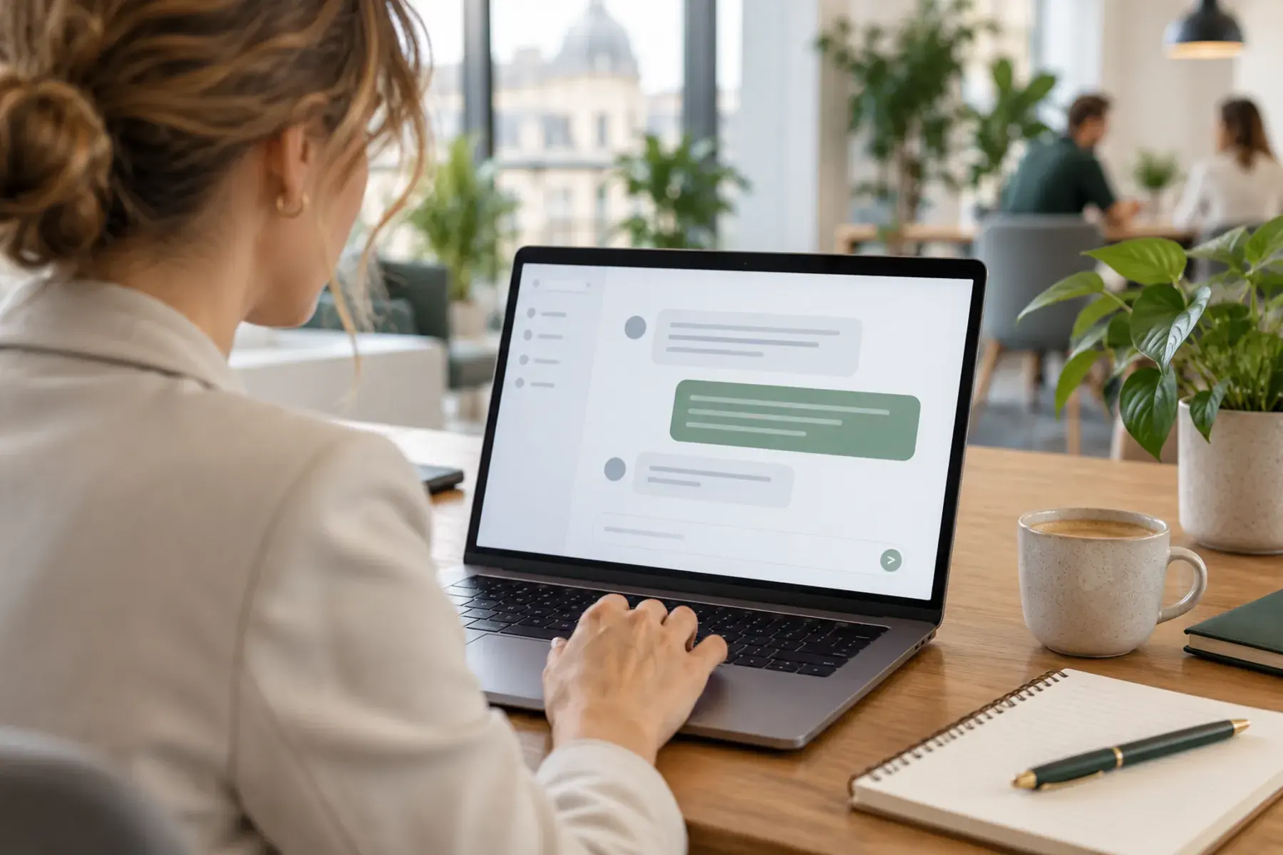 Une collaboratrice échange avec un assistant IA sur son ordinateur portable.