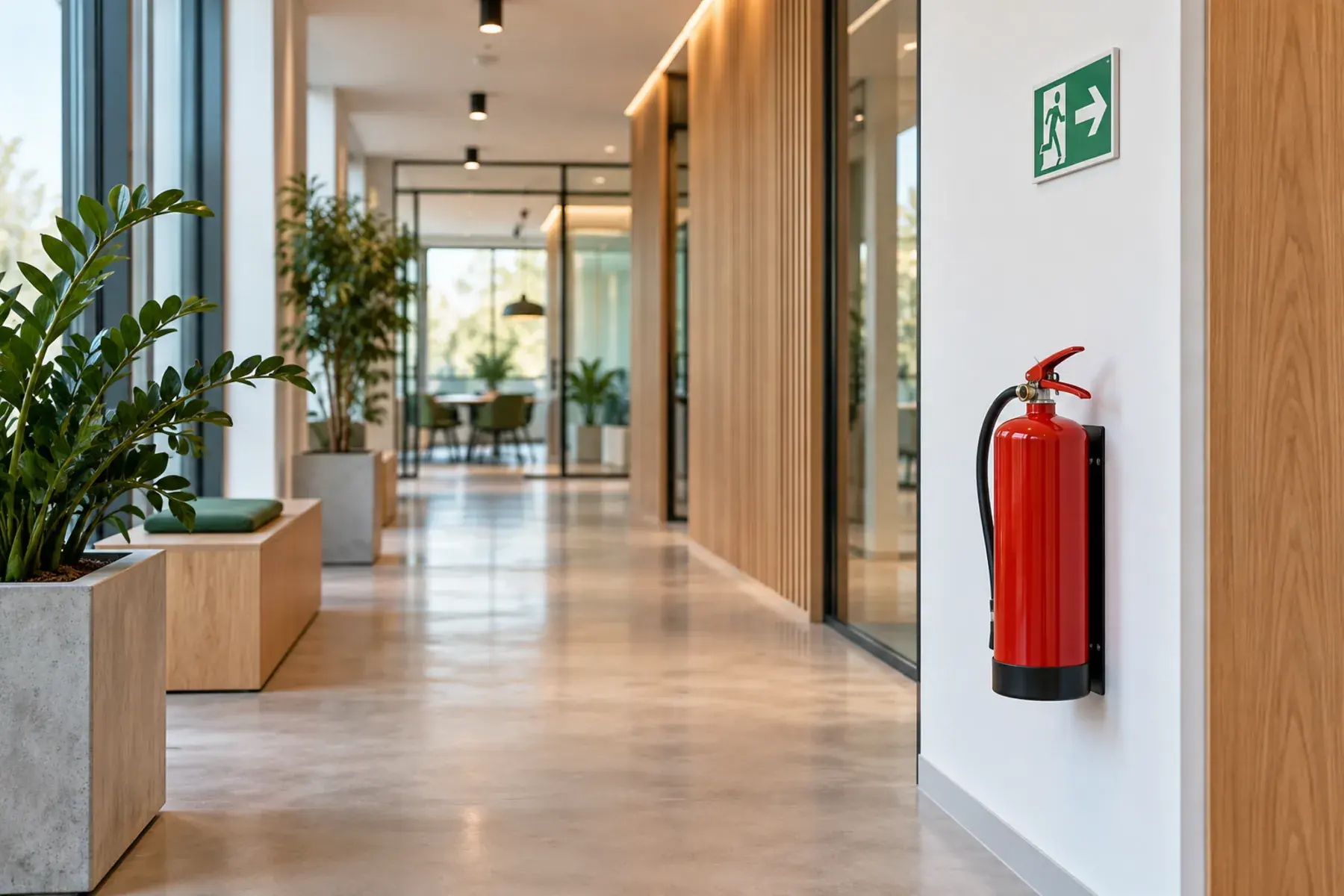 Un couloir de bureaux avec un extincteur mural et un panneau de sortie de secours.